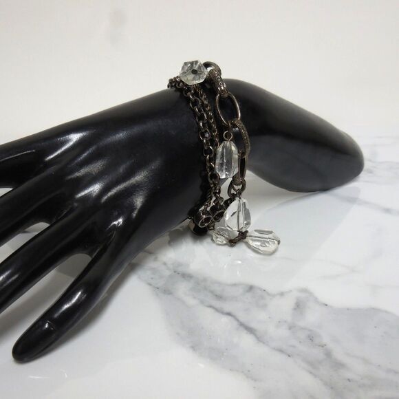 Dark Metal Layered Bracelet | 3 Chains with Teardrop Glass Crystals | 6.5" - Picture 2 of 6